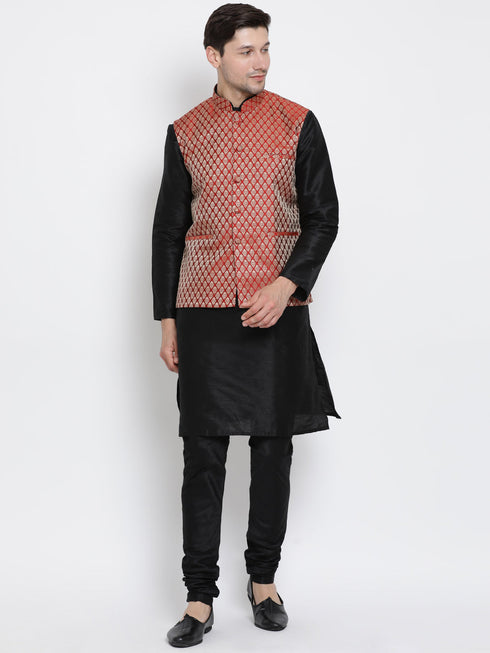 VM BY VASTRAMAY Men's Maroon Silk Blend Jacket With Kurta Pyjama Set